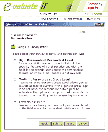 Select Survey Security and Distribution Type